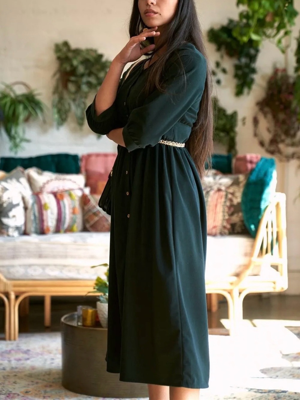 Roolee Black Forest Green Classic Corduroy Button Front Midi Dress 3/4 Sleeve